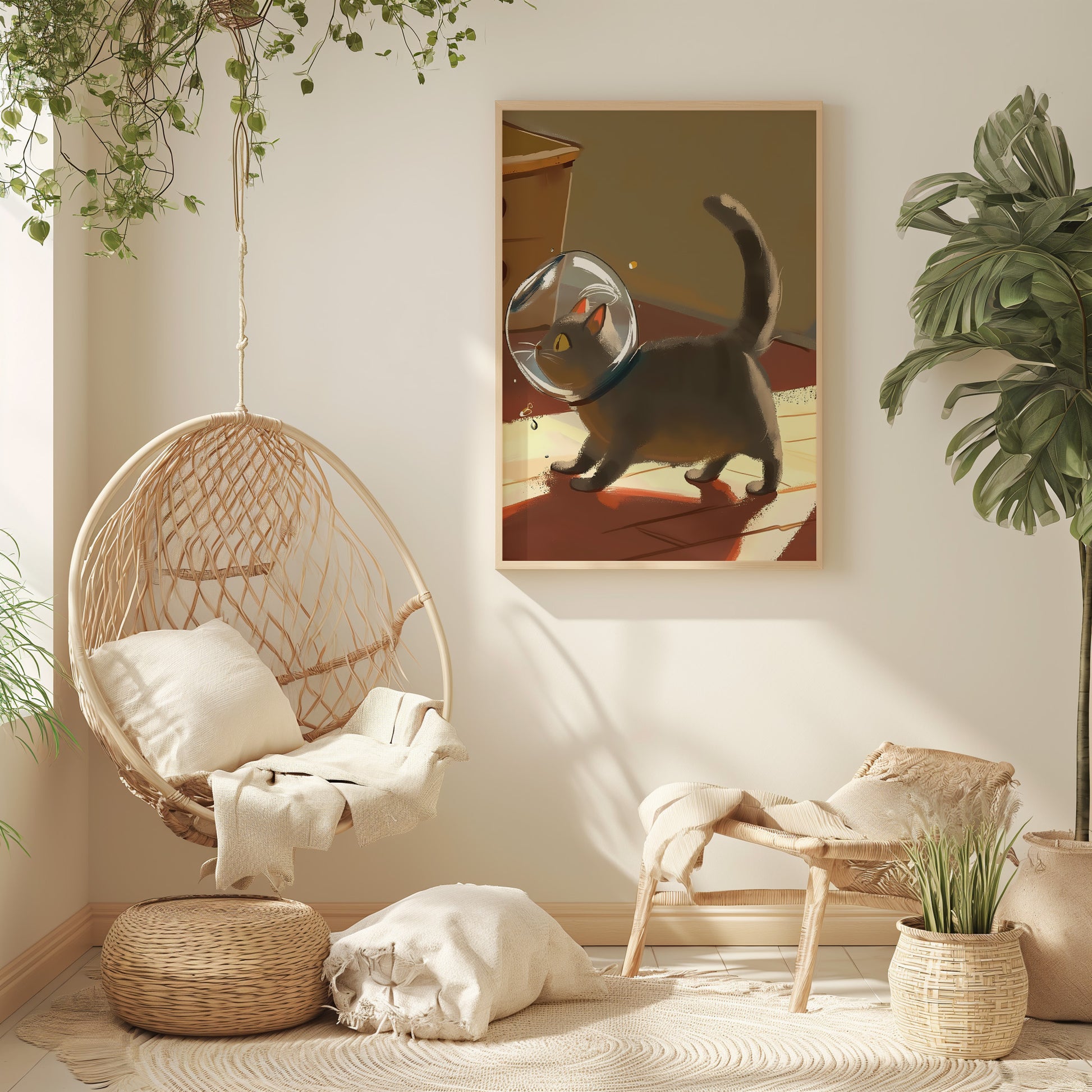 A cozy room with a hanging chair, plants, and a framed picture of a cat on the wall.