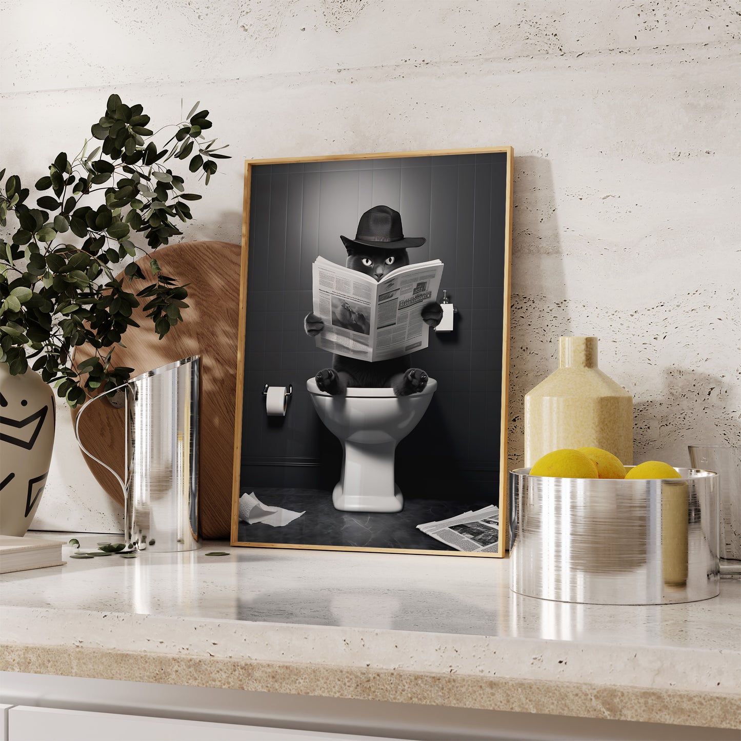 A whimsical framed picture of an anthropomorphic toilet reading a newspaper.