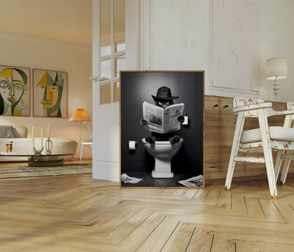 A whimsical art piece with a film noir detective character reading a newspaper in a toilet situated in a modern living room.