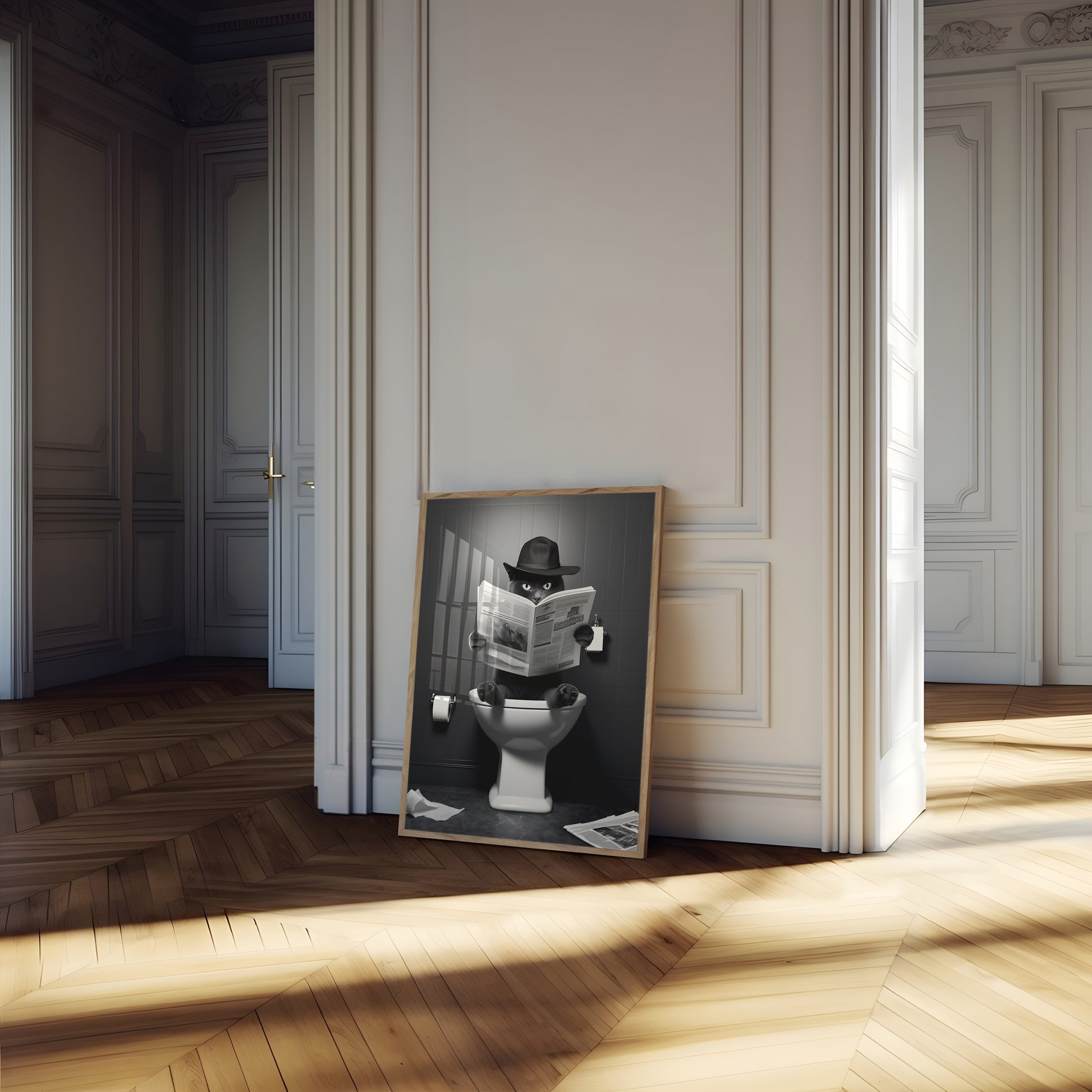 Elegant room with a canvas of a robot sitting on a toilet placed against the wall.