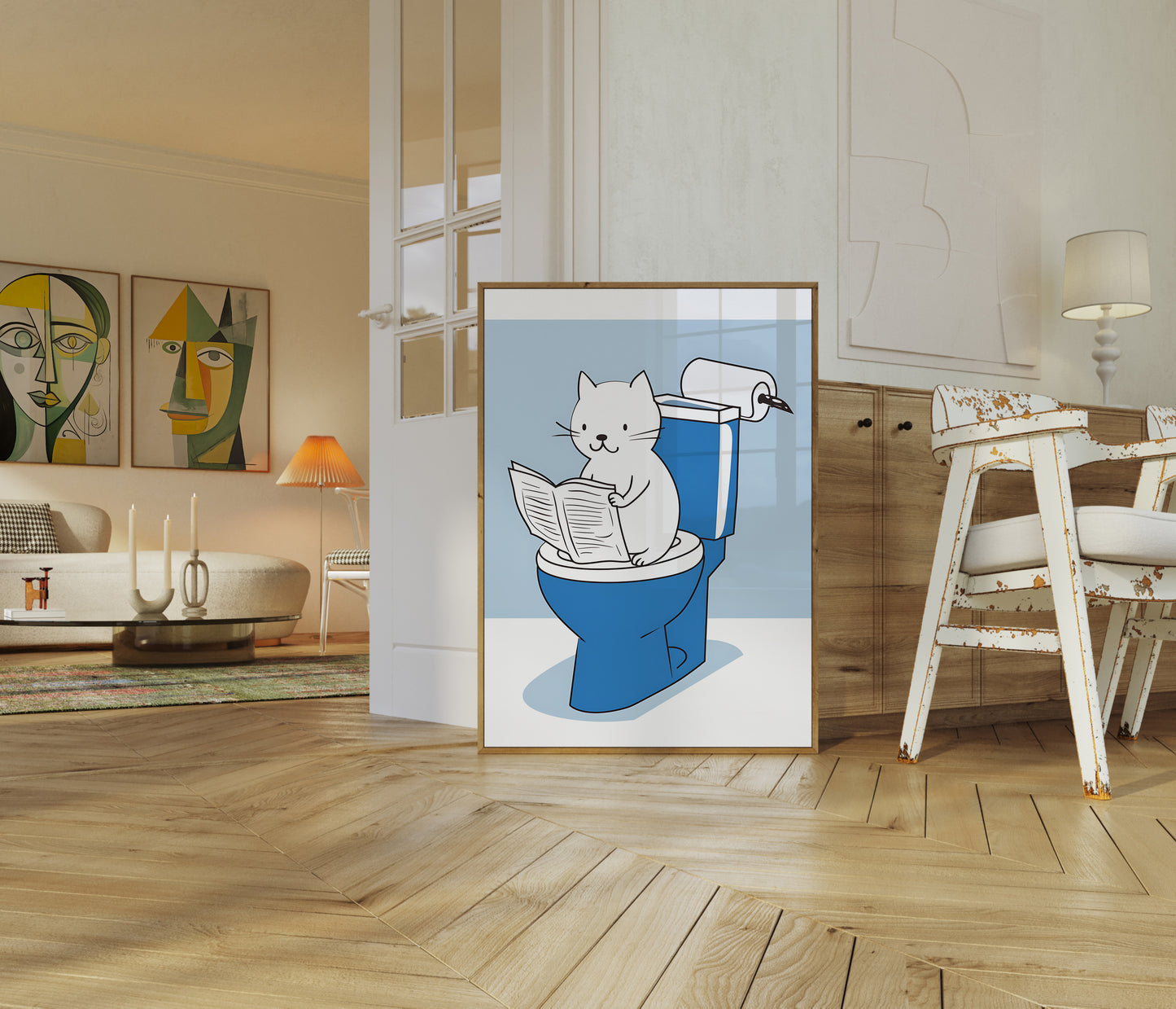 Illustration of a reading cat in a modern living room setting.