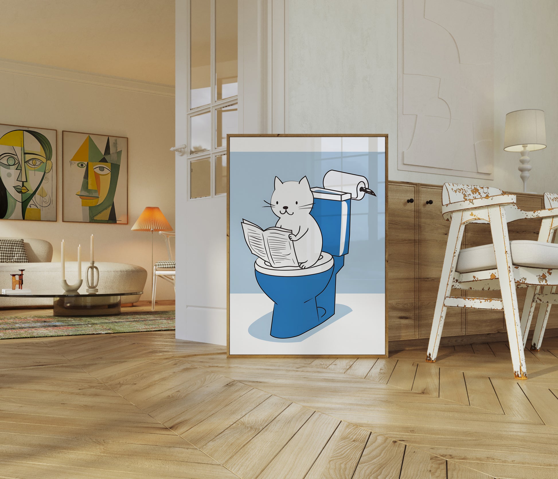 Illustration of a reading cat in a modern living room setting.