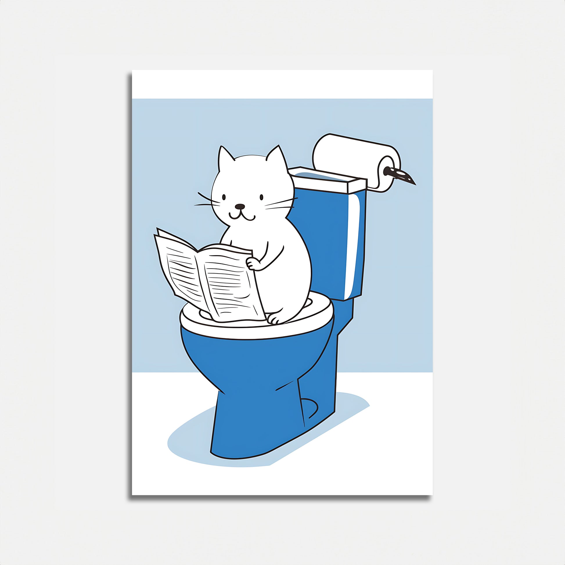 A cartoon image of a cat reading a newspaper while sitting on a toilet.