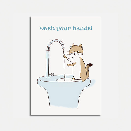 Illustration of a cat washing its paws at a sink with the text "wash your hands!" above it.