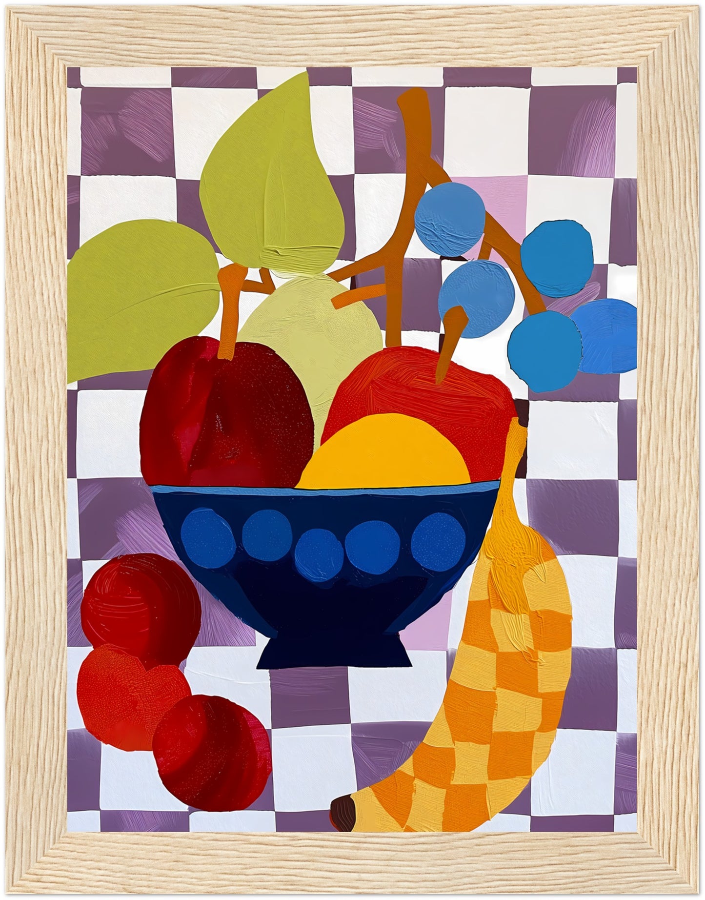 Abstract artwork of a fruit bowl with colorful, stylized shapes.