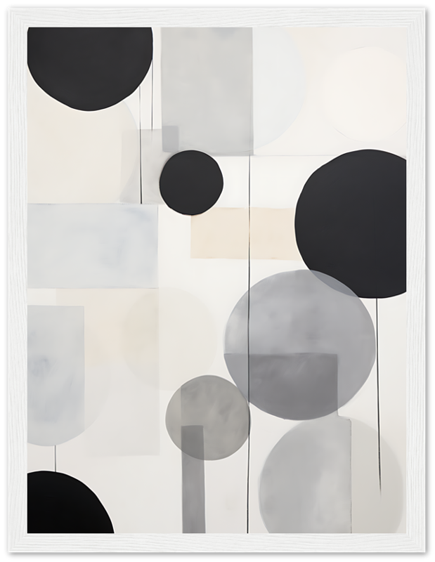 Abstract art with circles and muted tones in a wooden frame.