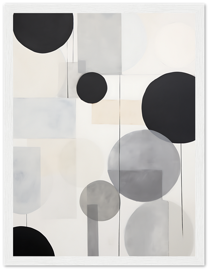 Abstract art with circles and muted tones in a wooden frame.