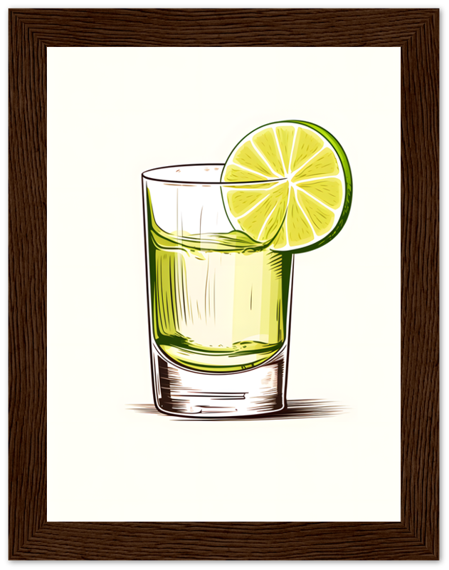 Illustration of a tequila shot with lime in a framed picture.