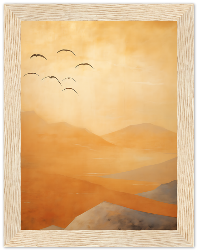 A painting of a warm-toned mountain landscape with birds in the sky, framed.