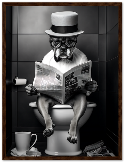 A dog with glasses and a hat reading a newspaper on the toilet.