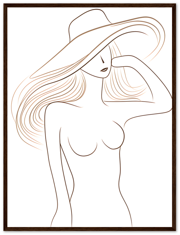 Stylized line drawing of a woman wearing a wide-brimmed hat.