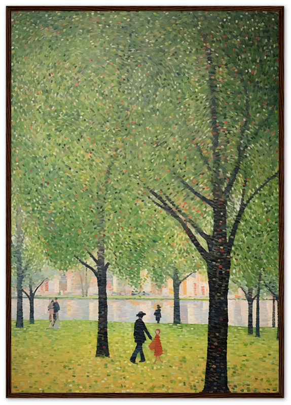 Impressionist painting of people walking by trees on a riverside, characterized by visible brushstrokes.