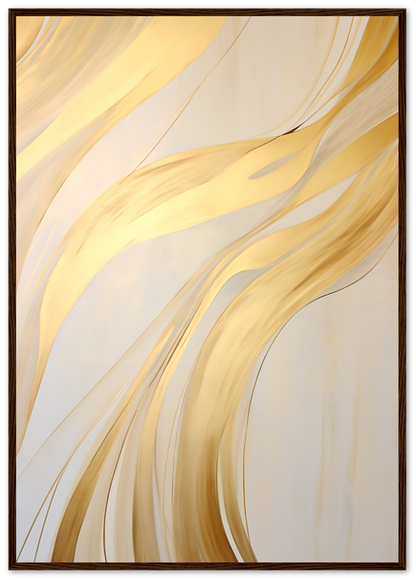 Abstract golden swirls on a creamy background in a dark frame.