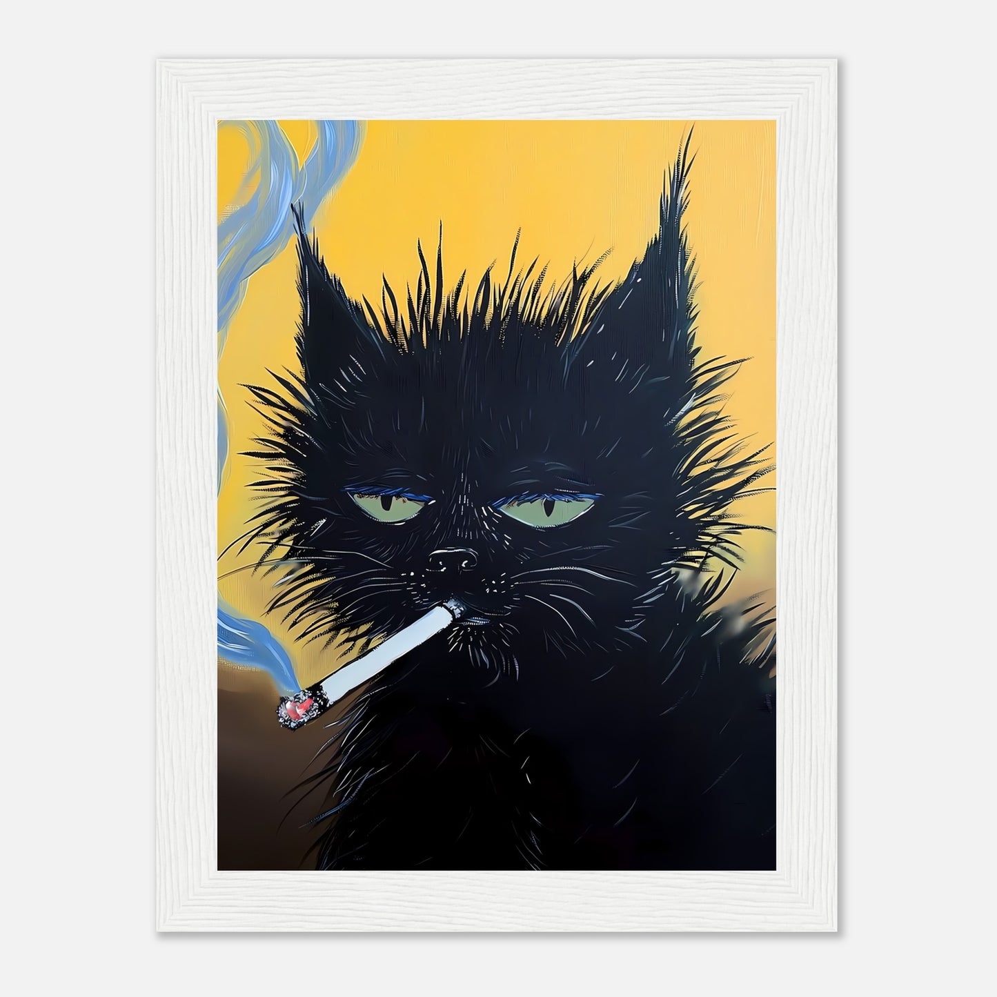 Artwork of a black cat with green eyes smoking a cigarette, against a yellow background.