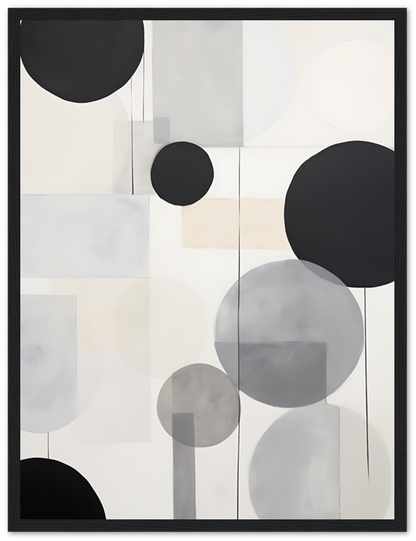 Abstract art with overlapping circles and semicircles in monochrome tones with a textured frame.