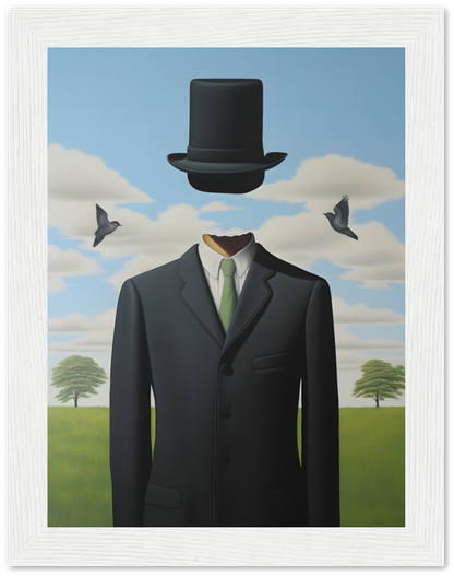 Surrealist painting of a man in a suit with an apple covering his face and a bowler hat floating above.