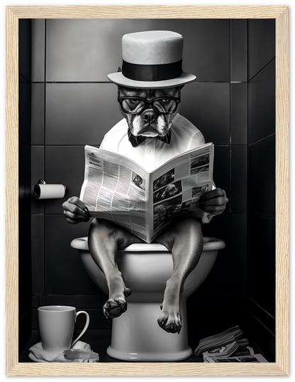 A dog with glasses and a hat reading a newspaper on the toilet.