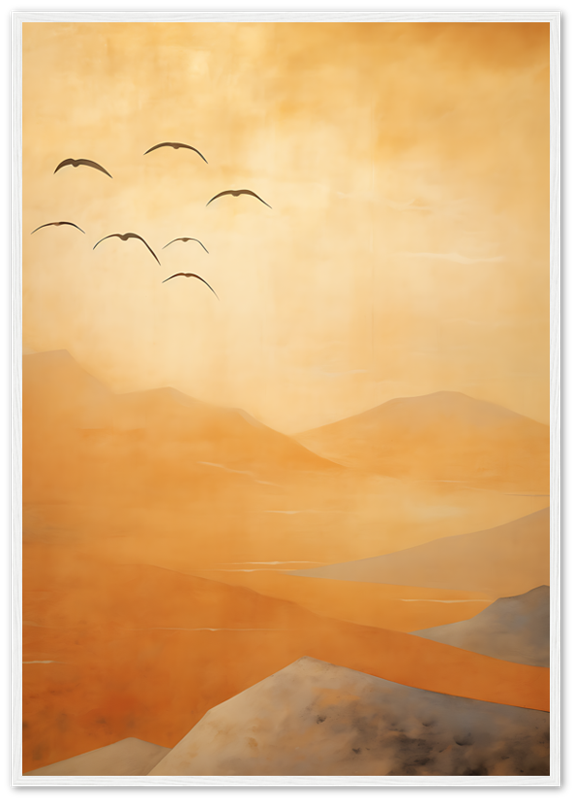 A stylized painting of birds flying over orange hills with a gradient sky.