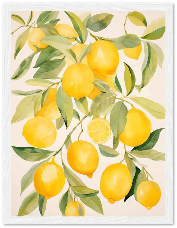 Illustration of bright yellow lemons on leafy branches against a neutral background.