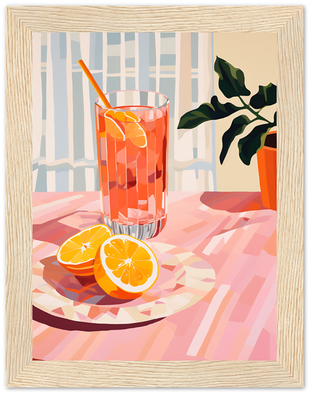 A digital illustration of a glass of orange juice with sliced oranges on a table, framed as artwork.