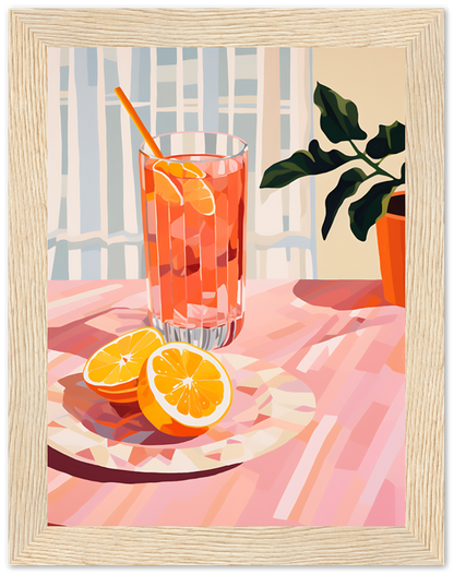A digital illustration of a glass of orange juice with sliced oranges on a table, framed as artwork.