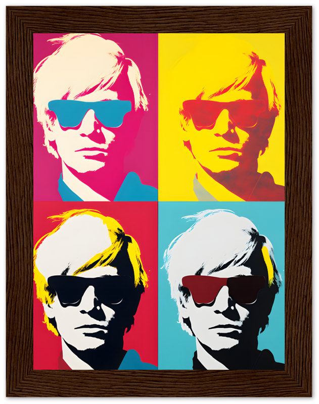 Pop art-style portraits of a man in sunglasses with bold colors, framed on a wall.