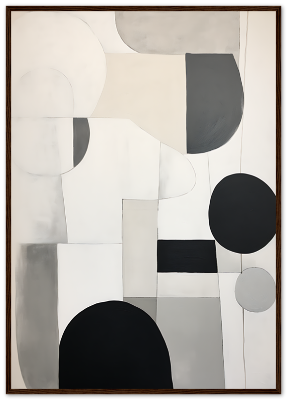 Abstract painting with monochromatic geometric shapes in a textured frame.