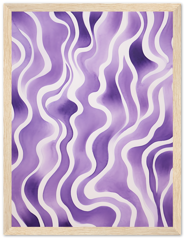 An abstract painting with purple wavy lines within a wooden frame.