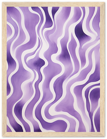 An abstract painting with purple wavy lines within a wooden frame.