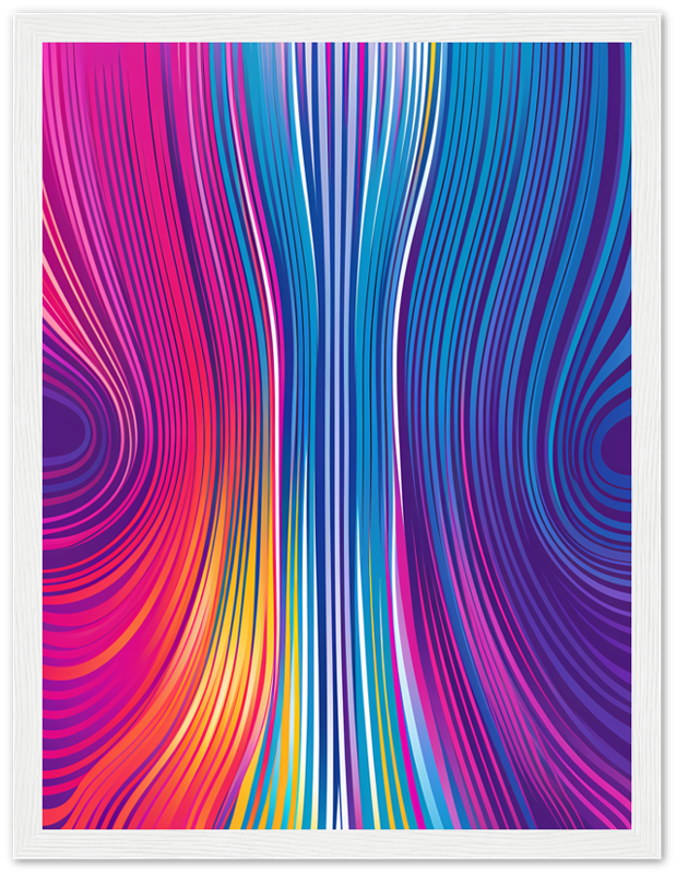 Abstract colorful wavy lines art in a dark wooden frame.