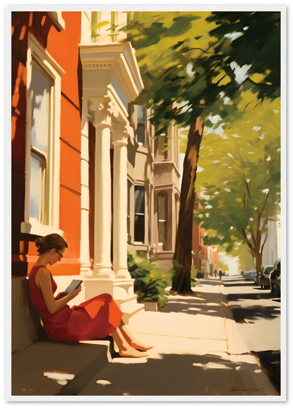 A painting of a person reading on a sunlit city sidewalk.