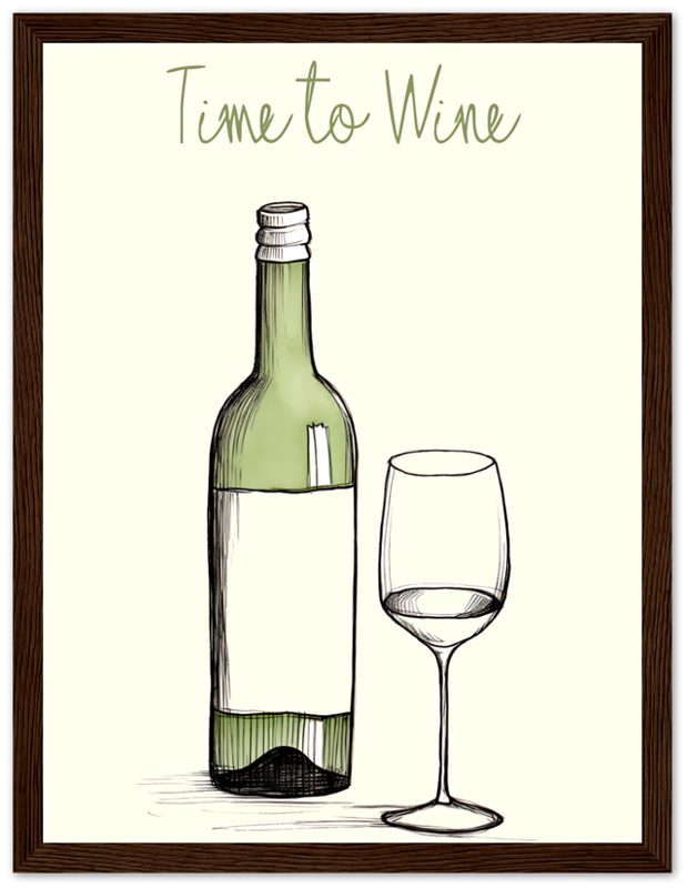 A bottle of wine next to a glass with the text "Time to Wine" in a framed artwork.