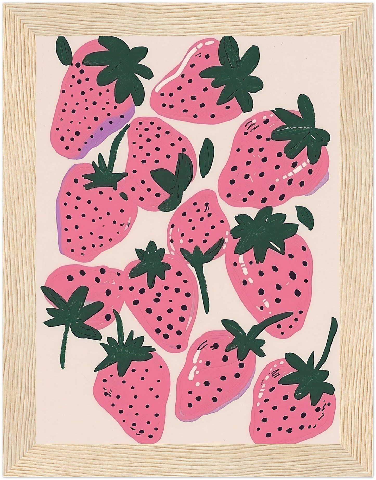 Illustration of stylized pink strawberries with black seeds and green leaves on a light background.