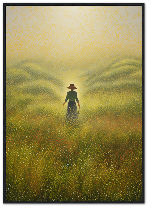 A painting of a person standing in a golden field with tall grass, framed with a dark wood border.