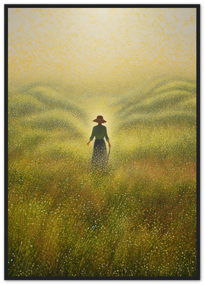 A painting of a person standing in a golden field with tall grass, framed with a dark wood border.
