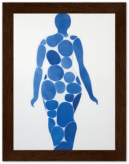 Artistic representation of a human silhouette composed of blue circles on a white background, framed.