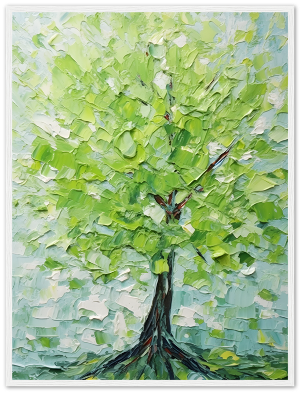 Impressionistic painting of a vibrant green tree with thick brushstrokes, framed on a wall.