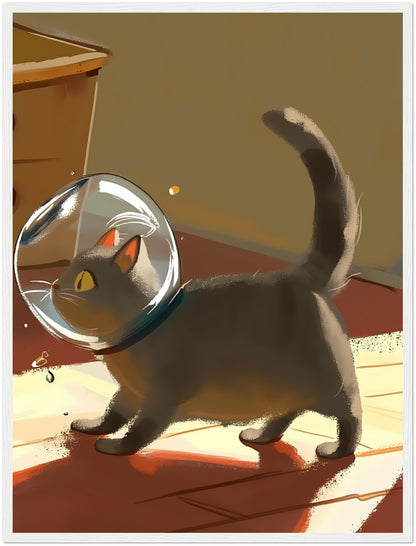 An illustrated gray cat with an orange eye and a fishbowl on its head casting a shadow on the floor.