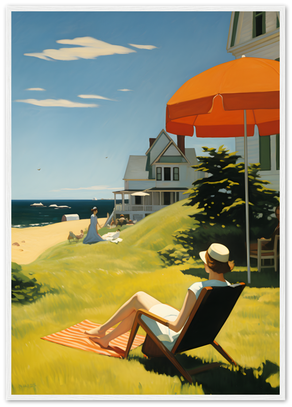 A painting of a person relaxing on a beach chair with an ocean view, under an umbrella, framed in wood.