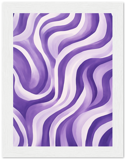 A framed abstract painting with wavy purple and white patterns.