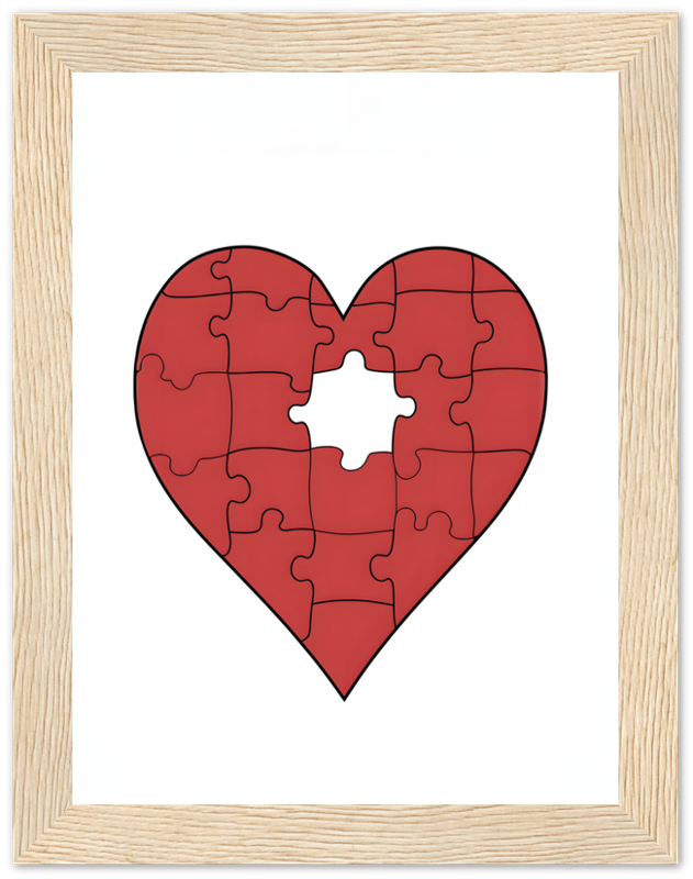 A framed heart-shaped jigsaw puzzle with one piece missing.