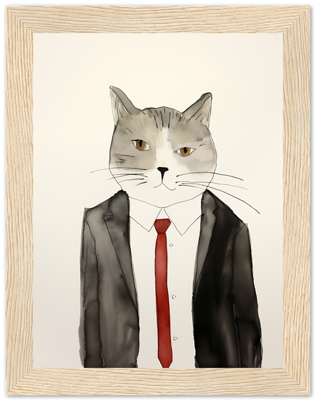 Illustration of a cat with a human body in a suit, framed on a wall.