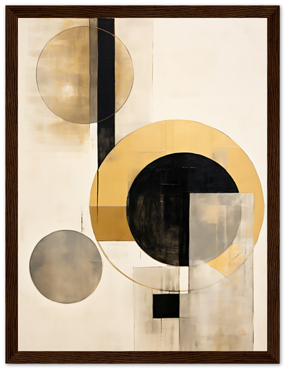 Abstract geometric painting featuring circles and squares in a wooden frame.