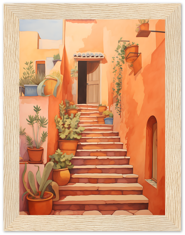 A warm-toned painting of a cozy Mediterranean-style stairway with potted plants.