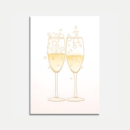 Two champagne glasses toasting with bubbles on a white background.
