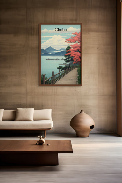 A minimalist living room with a vintage Chubu travel poster on the wall.