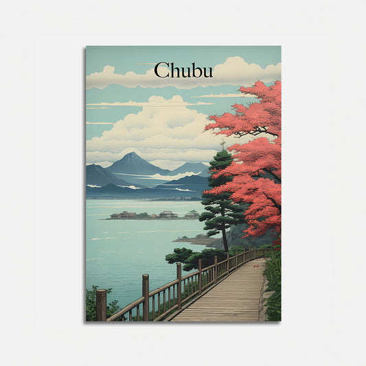 A stylized vintage travel poster depicting the Chubu region of Japan with Mount Fuji, a lake, and cherry blossoms.