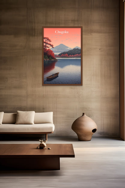 Elegant living room with a framed poster of a serene lake scene, a sofa, a coffee table, and a large vase.