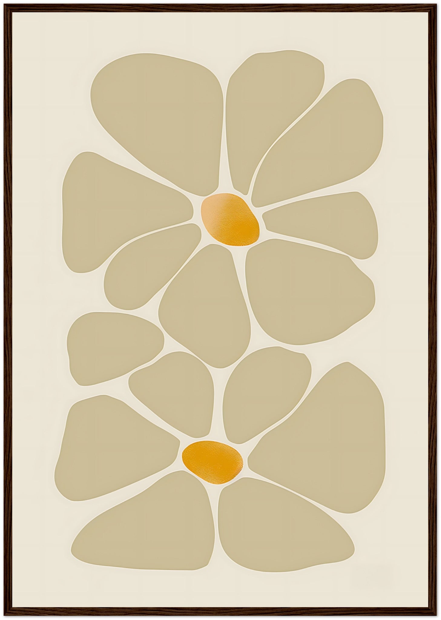 Abstract floral design in earth tones, framed with a wooden border.