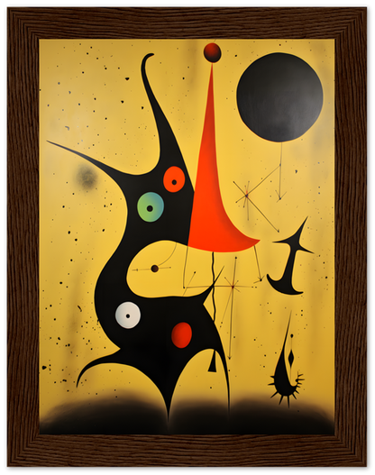Surreal painting with abstract shapes and colorful circles in a wooden frame.